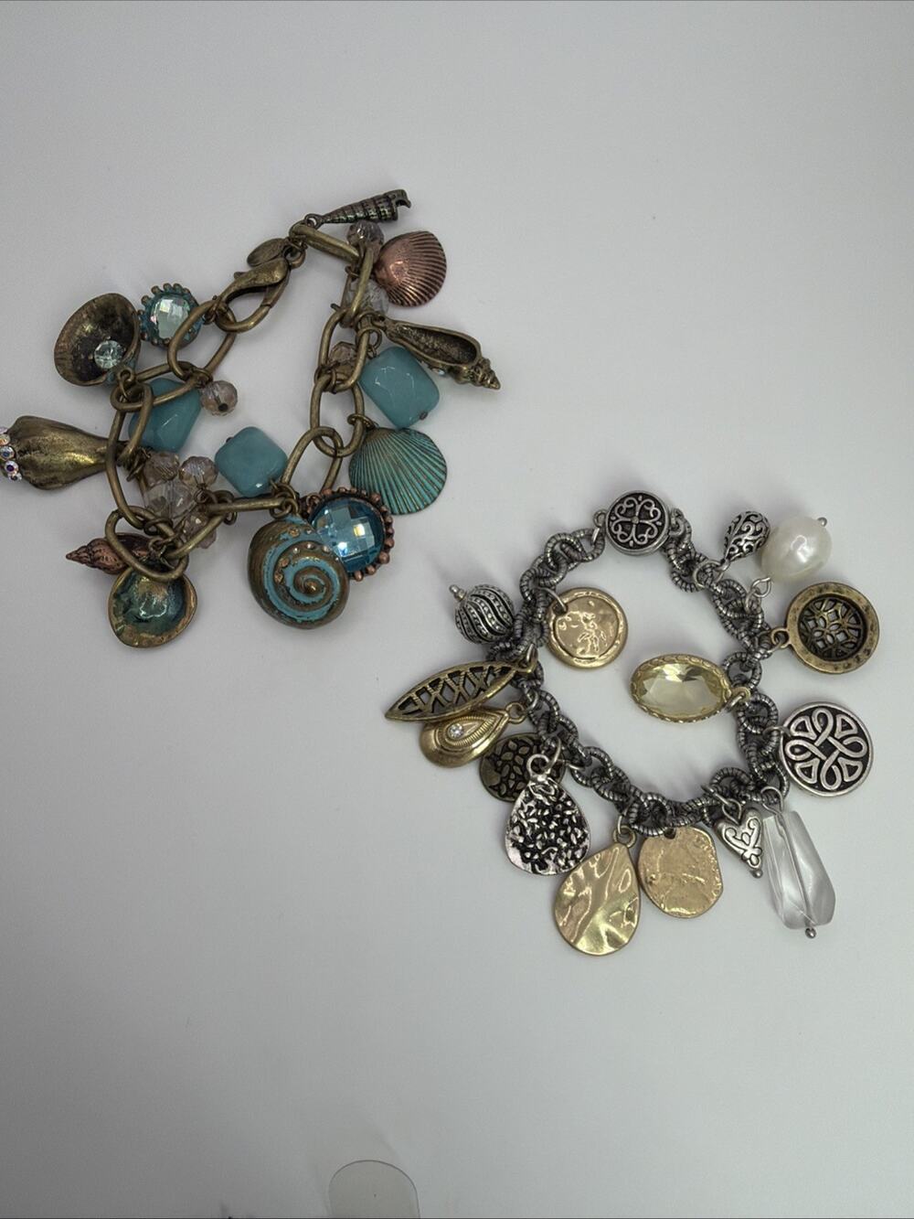 Charm Bracelet Lot Silver Brass Gold Tone Shells Coins Rhinestone 2 Bracelets